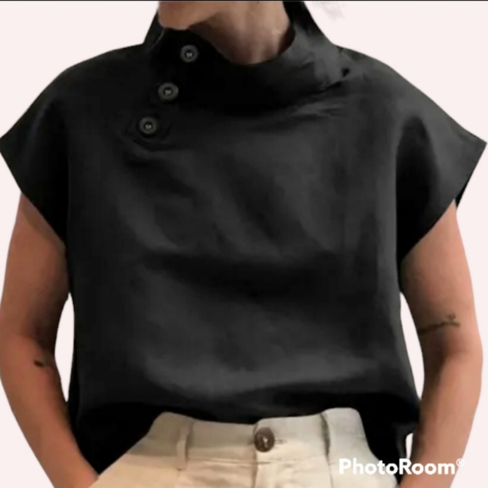 🆕Linen Cap Short Sleeve Modern Button Mock Neck Black Summer Shirt Small